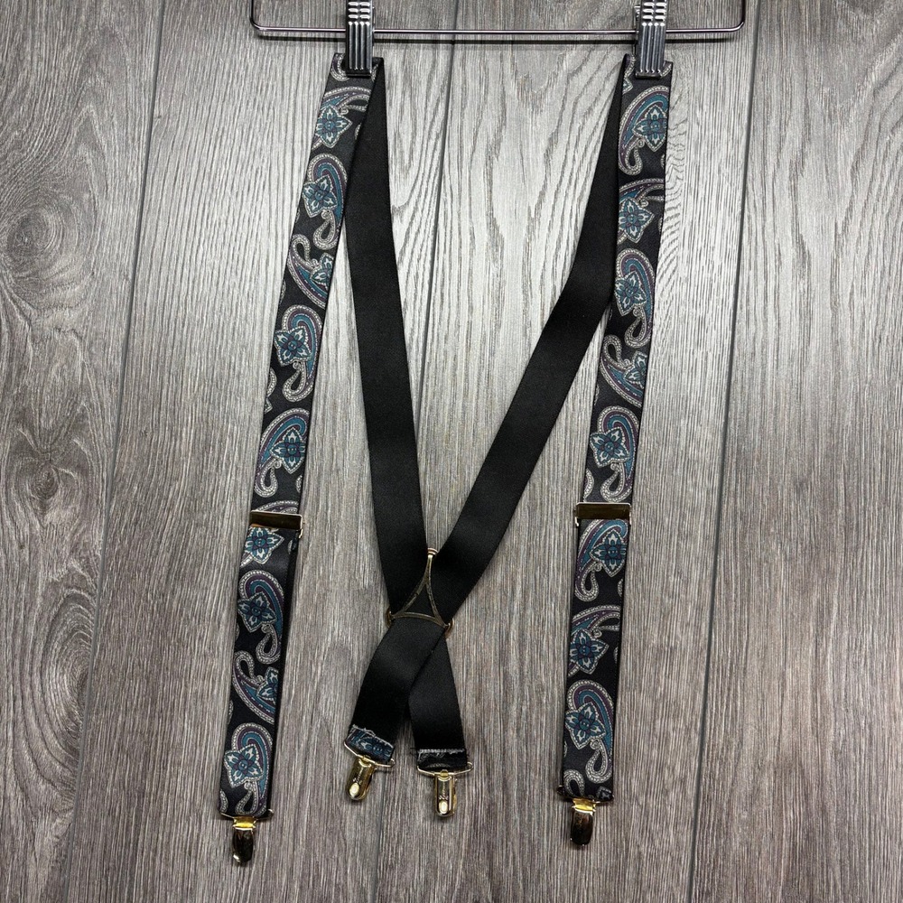 Vintage Cas Germany Paisley Suspenders Mens Black Blue Gold Clip On X-Back Brace
